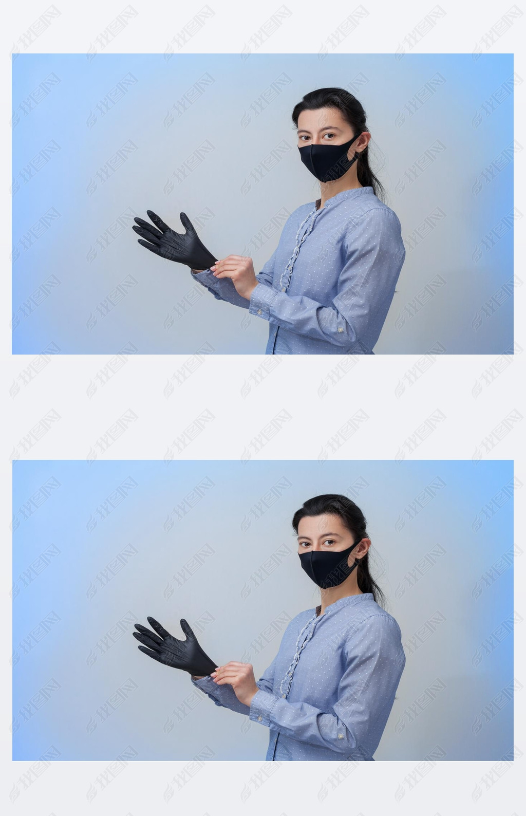 戴着防护口罩和手套的女孩预防普通感冒和流感的病毒性疾病浅灰背景戴