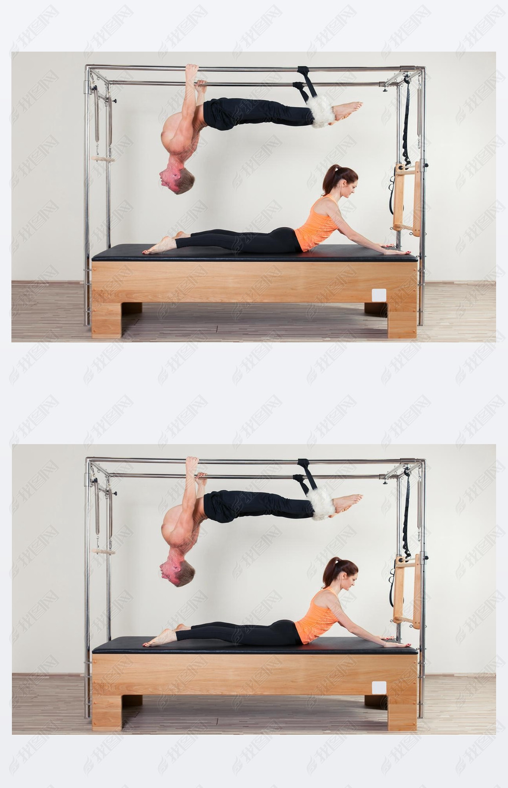 Pilates aerobic instructor woman and man in cadillac fitness exercise
