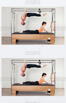 Pilates aerobic instructor woman and man in cadillac fitness exercise