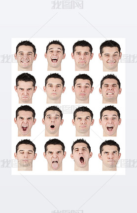 brunette short hair young caucasian man collection set of face expression like happy, sad, angry, su