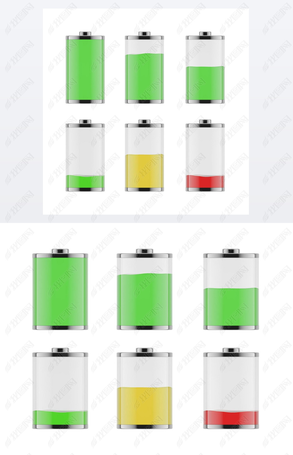 An illustration of the six batteries with different level of charge from low to full. On white backg