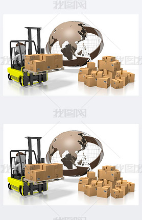 Forklift machine, international transport concept - 3D rendering