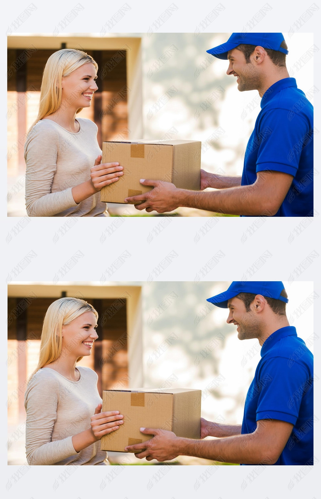 delivery man giving a cardboard box to woman