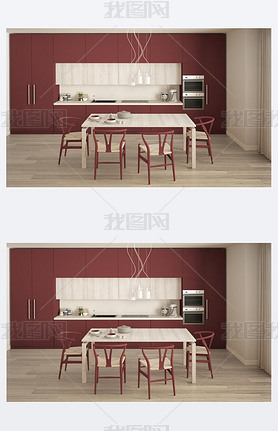 Modern minimal red kitchen with wooden floor, classic interior d