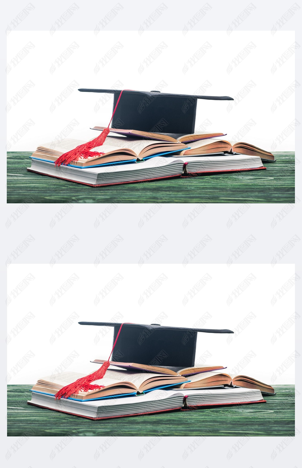 Open books with graduation cap on top