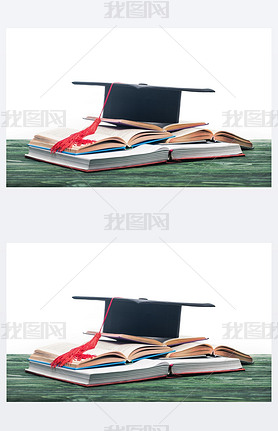 Open books with graduation cap on top