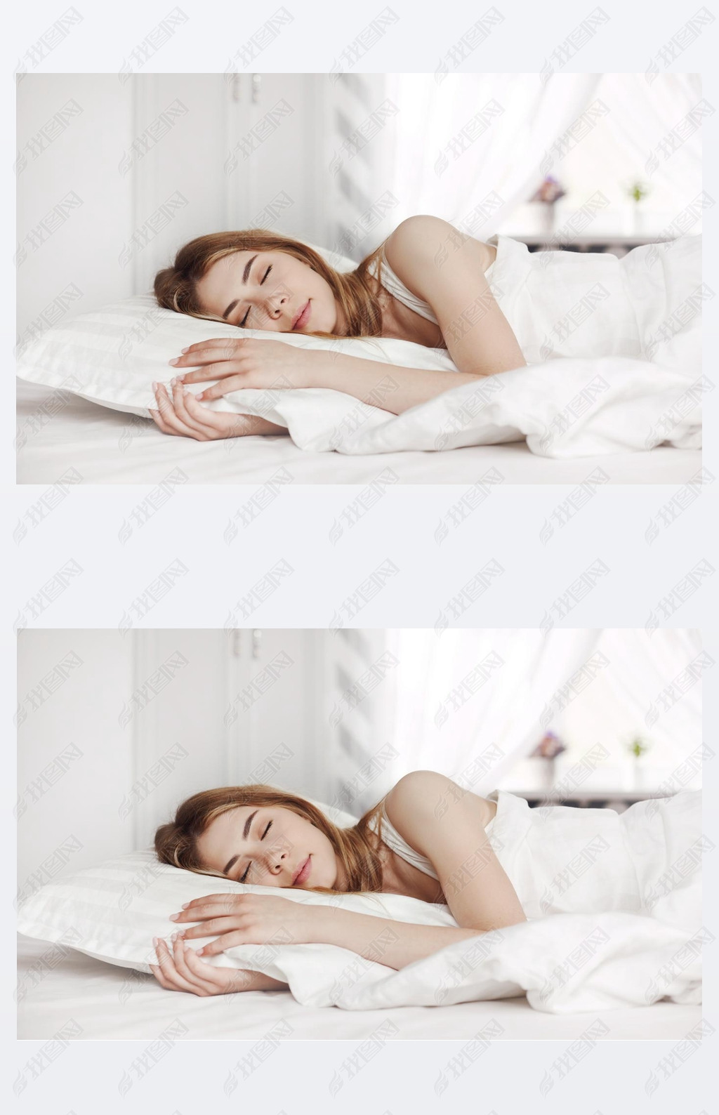 原创早上一个穿着白色睡衣的年轻貌美的女孩睡在她家明亮卧室的床上侧