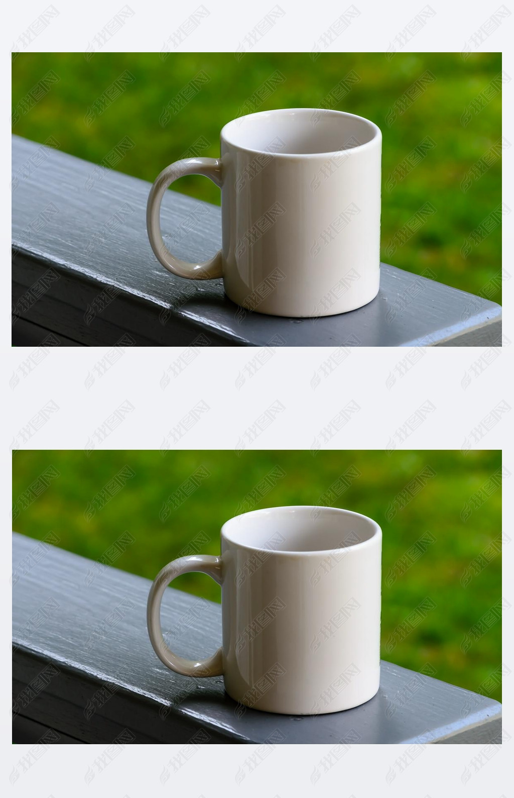 Single white coffee mug on a backyard porch railing