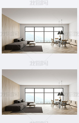 Inteiror of panoramic living room with wooden walls and floor, gray sofa and round dining table. 3d 
