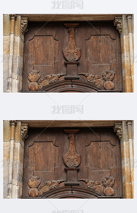 church brown wooden door with handles details at historical city south germany