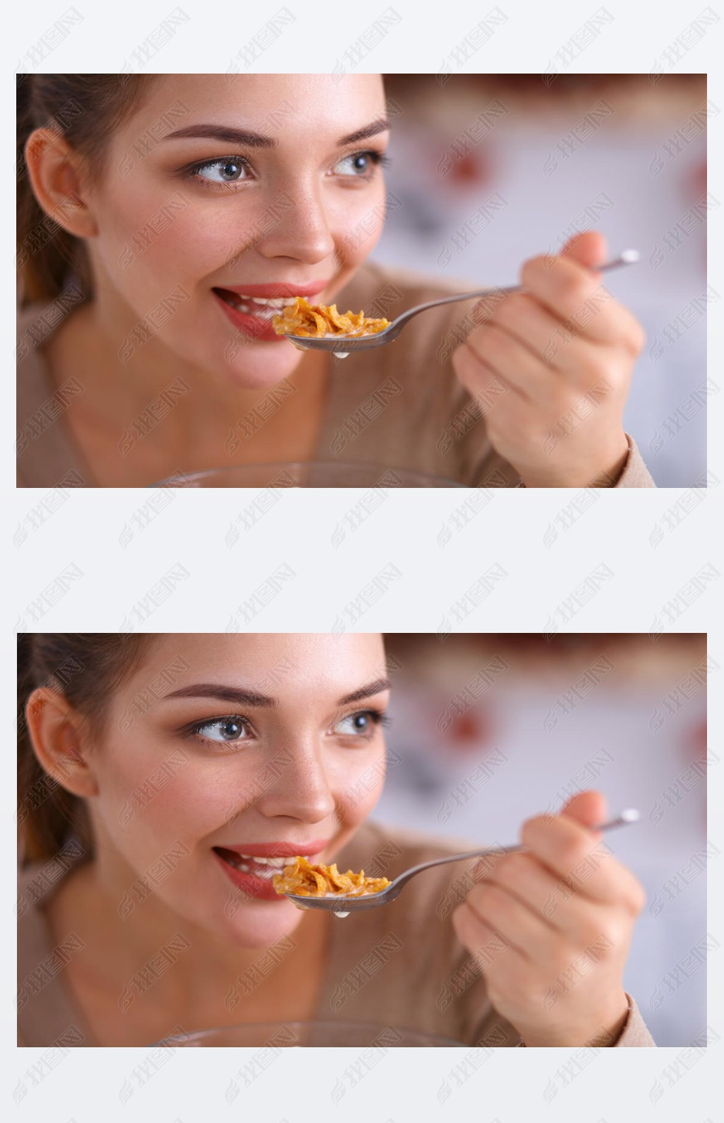 A young woman trying cereals in her kitchen