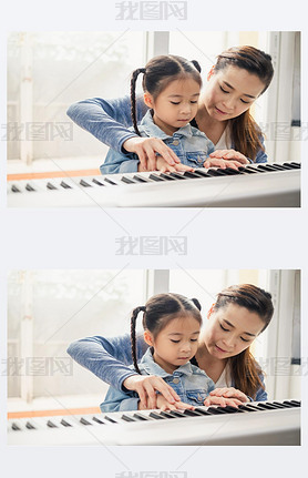 Asian young pianist teacher teaching girl kid student to play piano, music education concept