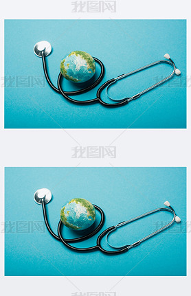 Globe and stethoscope on blue background, world health day concept