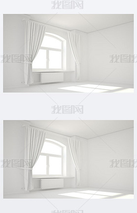 Empty white room with window and curtain