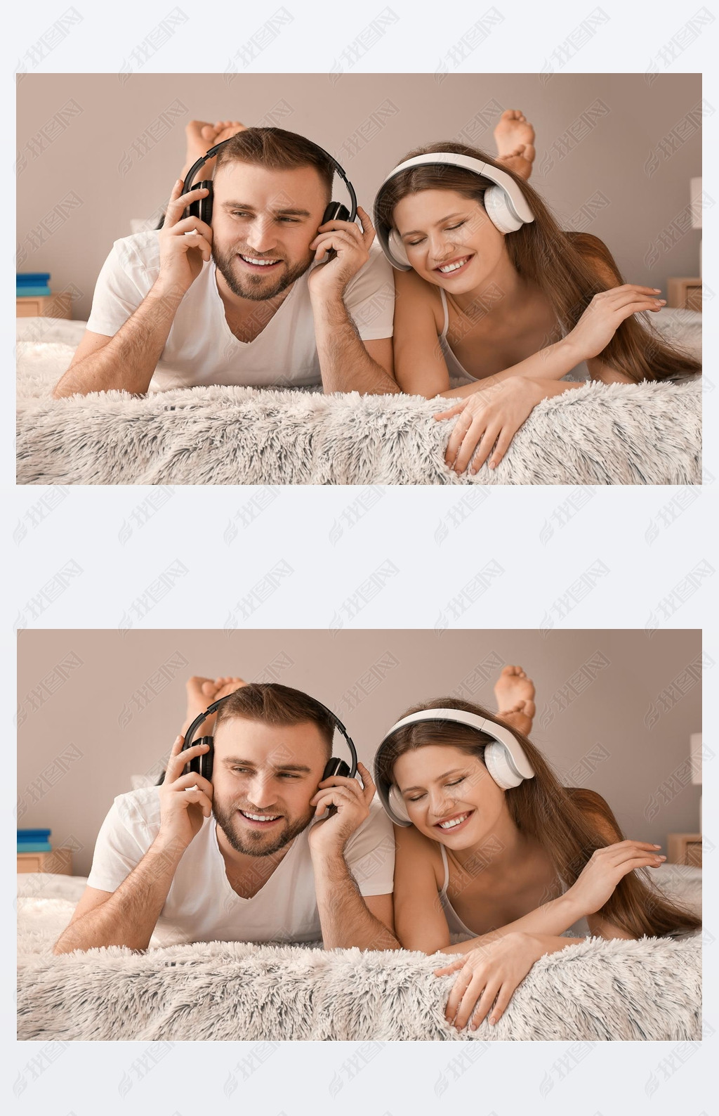 Happy young couple listening to music in bedroom