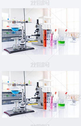 Science test tube and equipment on white top table in science lab, Science testing concept