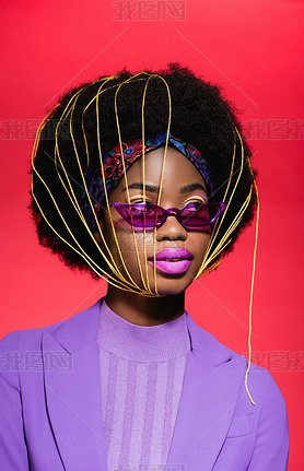 african american young woman in purple stylish outfit and sunglasses with yellow strings on face iso