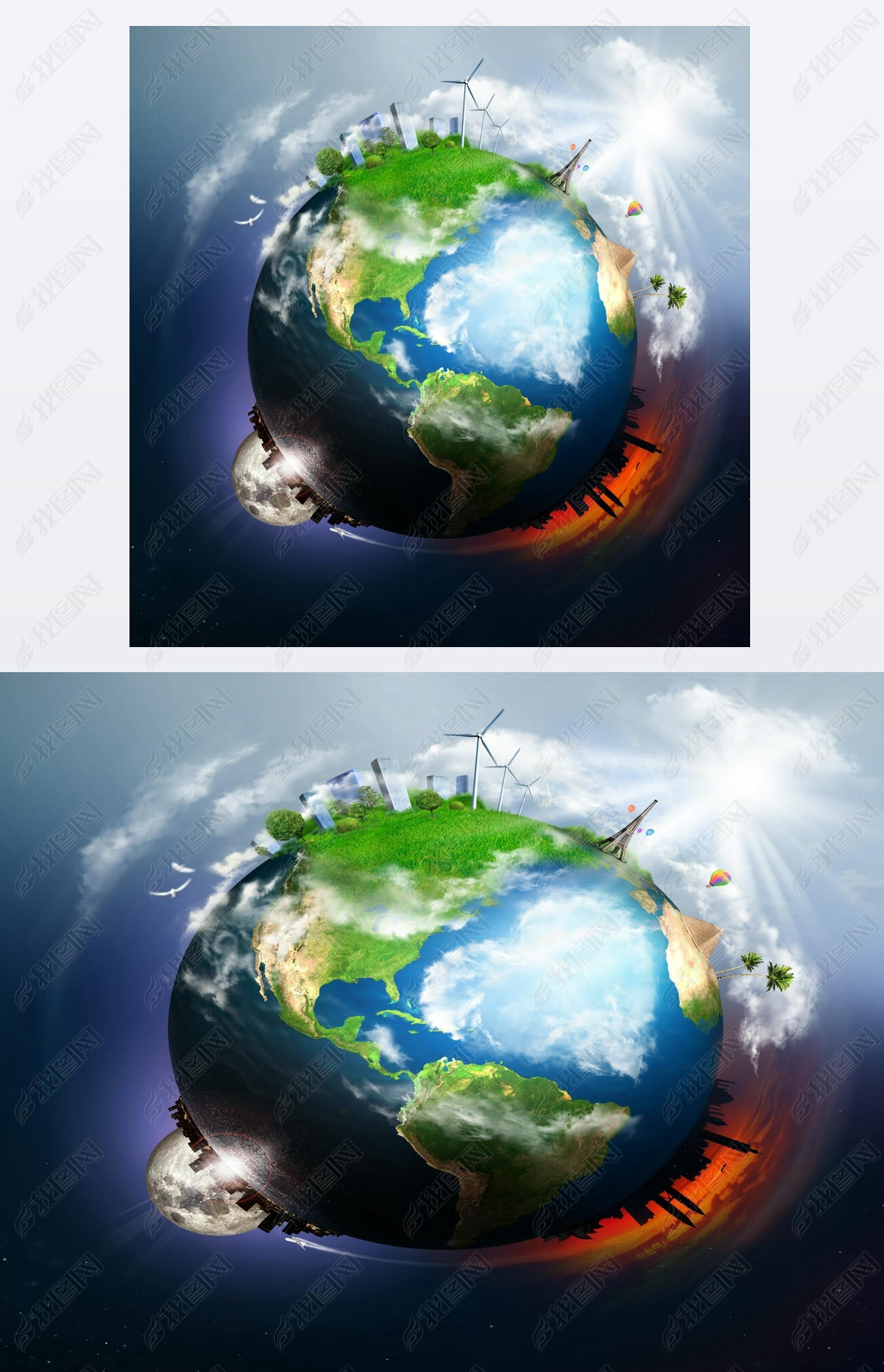 Earth with different elements on its surface and big heart of clouds