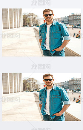 Portrait of handsome iling stylish hipster lumberual businesan model. Man dressed in jeans ja