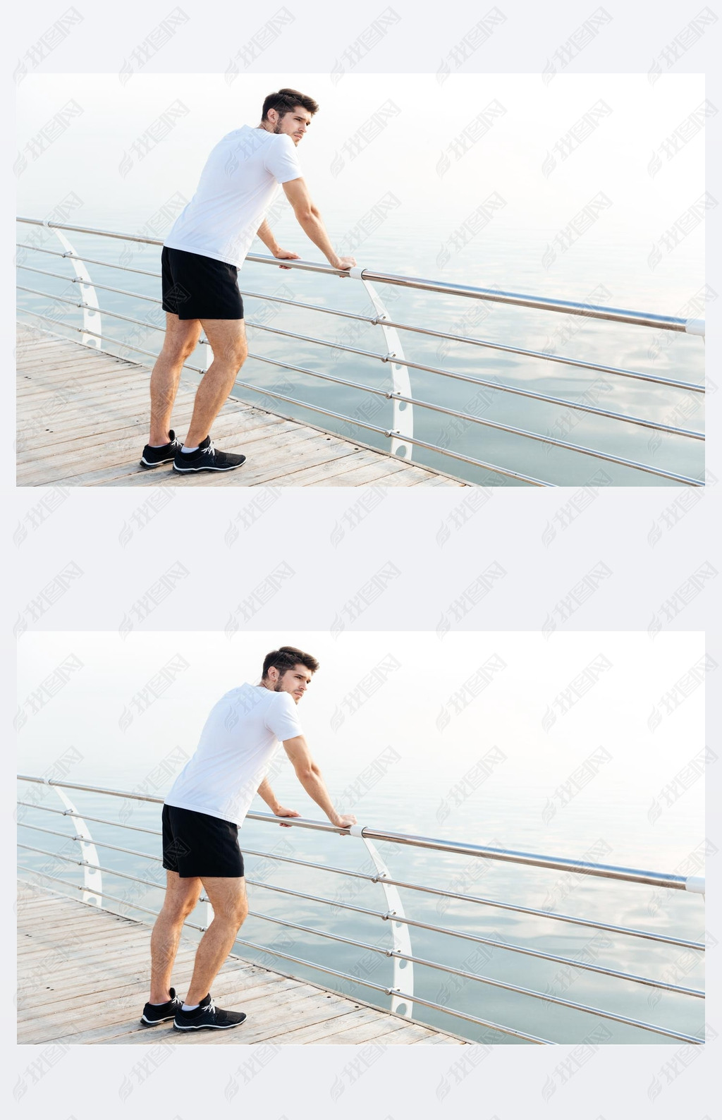 Man athlete resting after running standing on pier