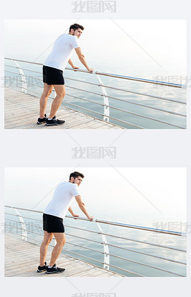 Man athlete resting after running standing on pier