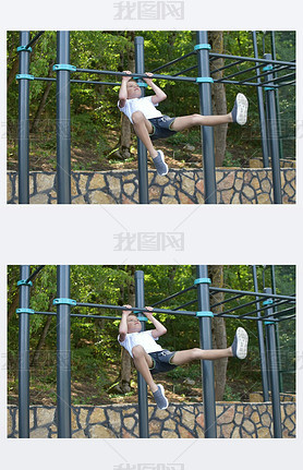boy gymnastics outdoor. Little sportan on the horizontal bar on the playground