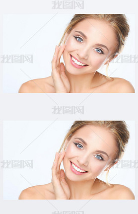 Young woman touching her face isolated on white background