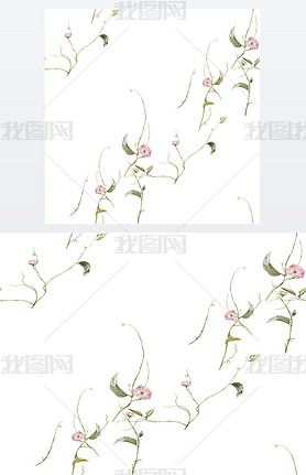 Watercolor painting of leaf and flowers, seamless pattern on white background