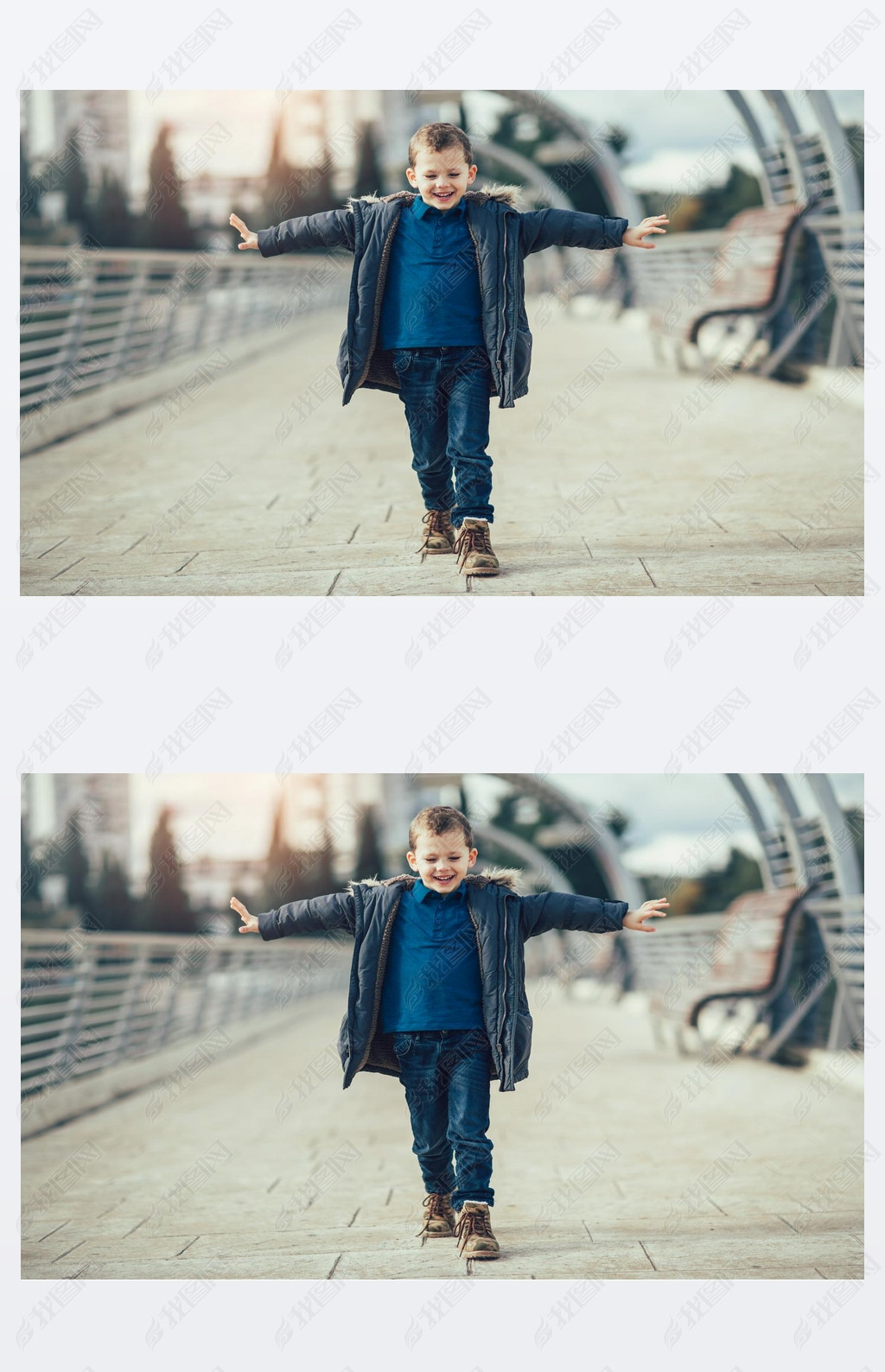 Little boy walking on bridge. 