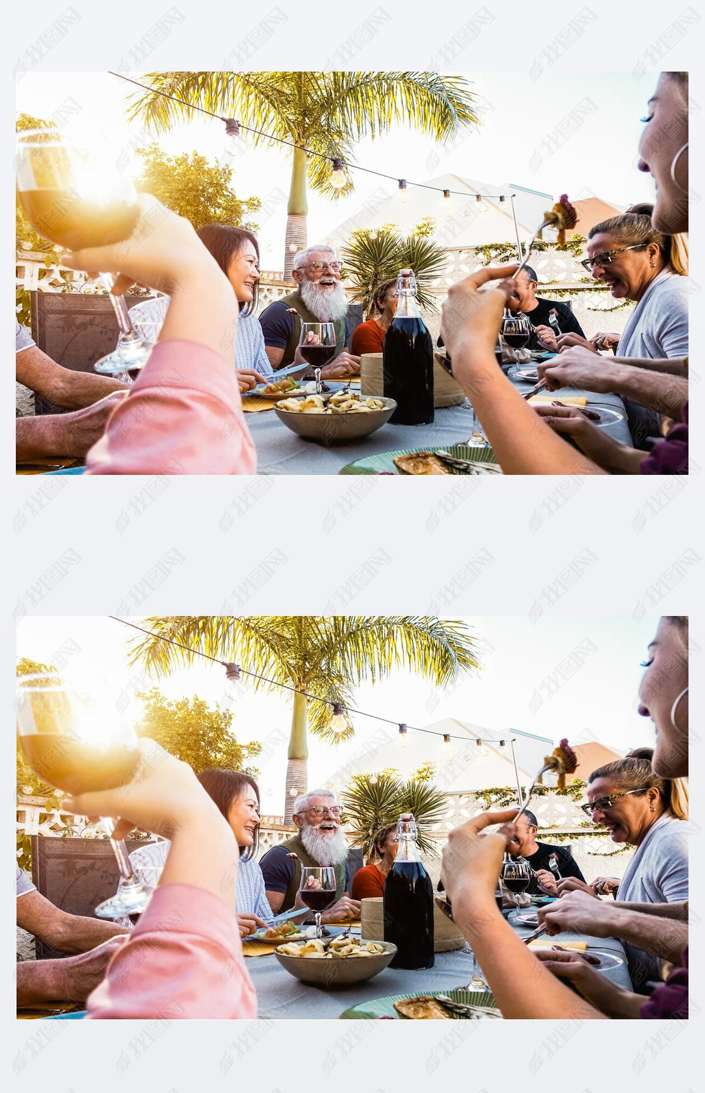 Happy family doing a dinner during sunset time outdoor - Group of diverse friends hing fun dining 