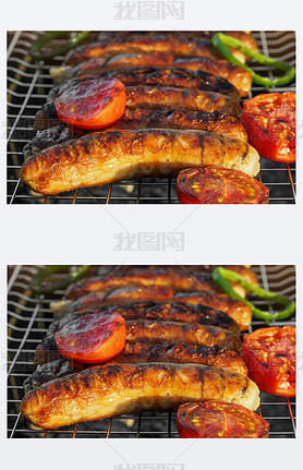 Grilling sausages on barbecue grill. Selective focus.