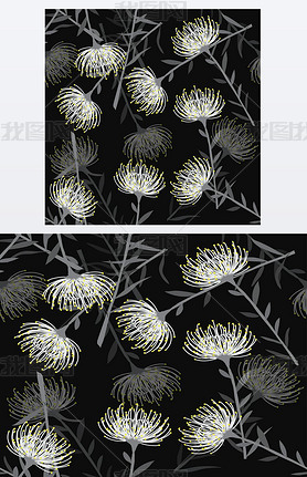 Grey and white flowers Vintage card with lees on black background. Book cover with flower texture.