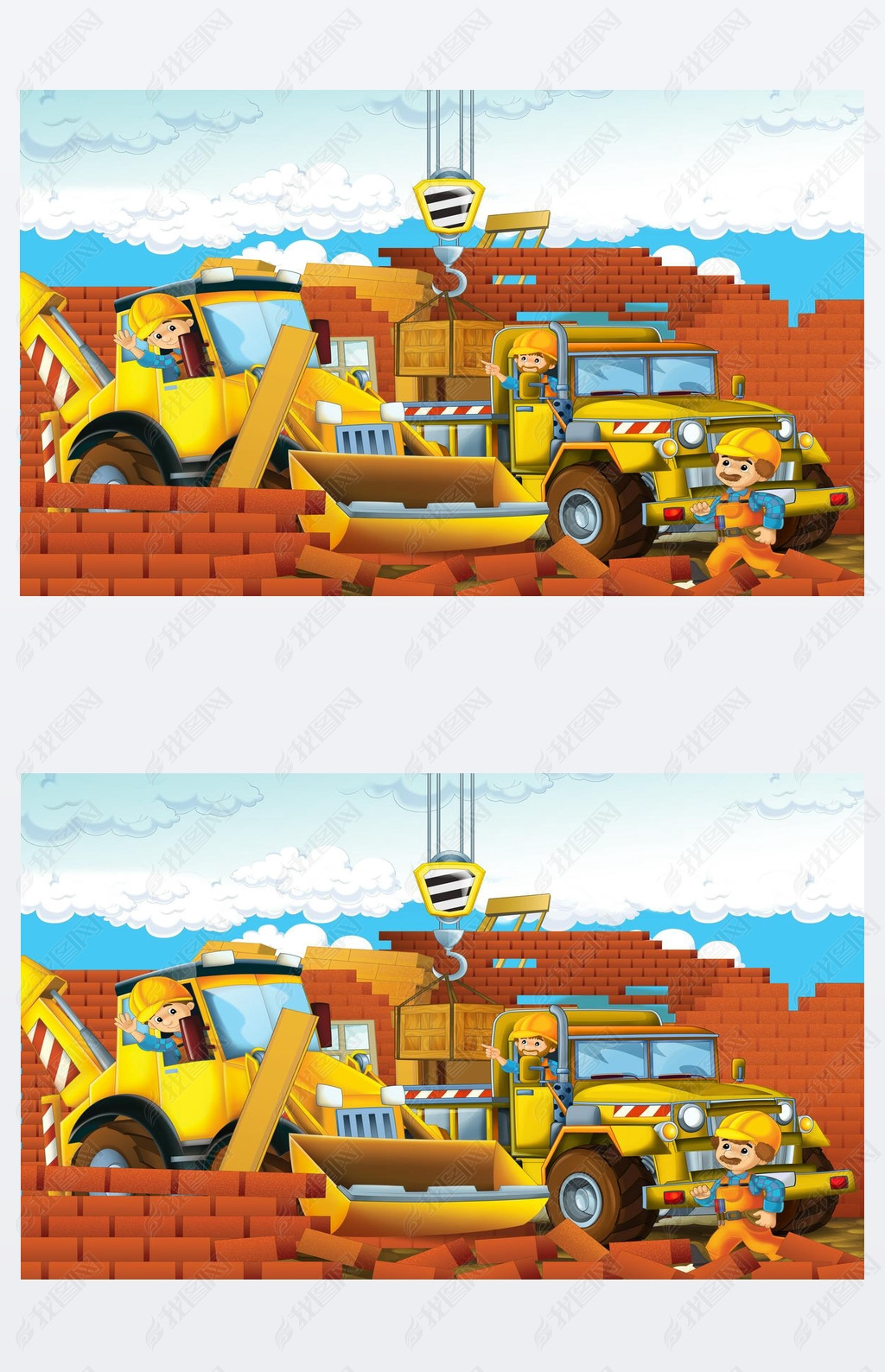 cartoon scene with workers on construction site - builders doing different things - illustration for