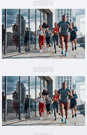 Group of people in sports clothing jogging outdoors in city at modern building with glass windows 