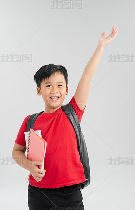 Back to school. Happy exciting child boy ready to study with backpack isolated on white. Kid win and