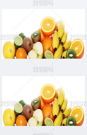 Pile of fresh fruits over white background