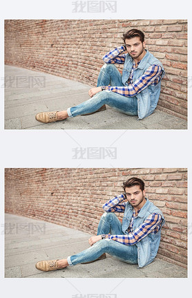 handsome man resting on the sidewalk, leaning against a wall