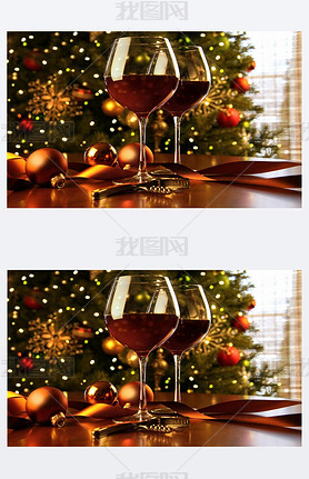 Red wine on table Christmas tree