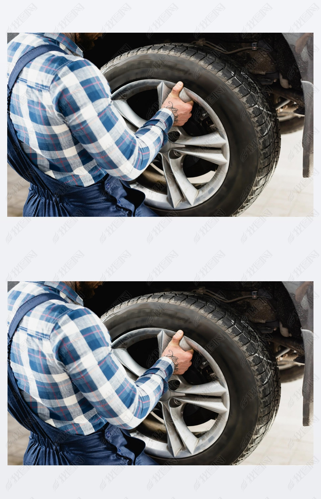 partial view of technician fixing car wheel in workshop