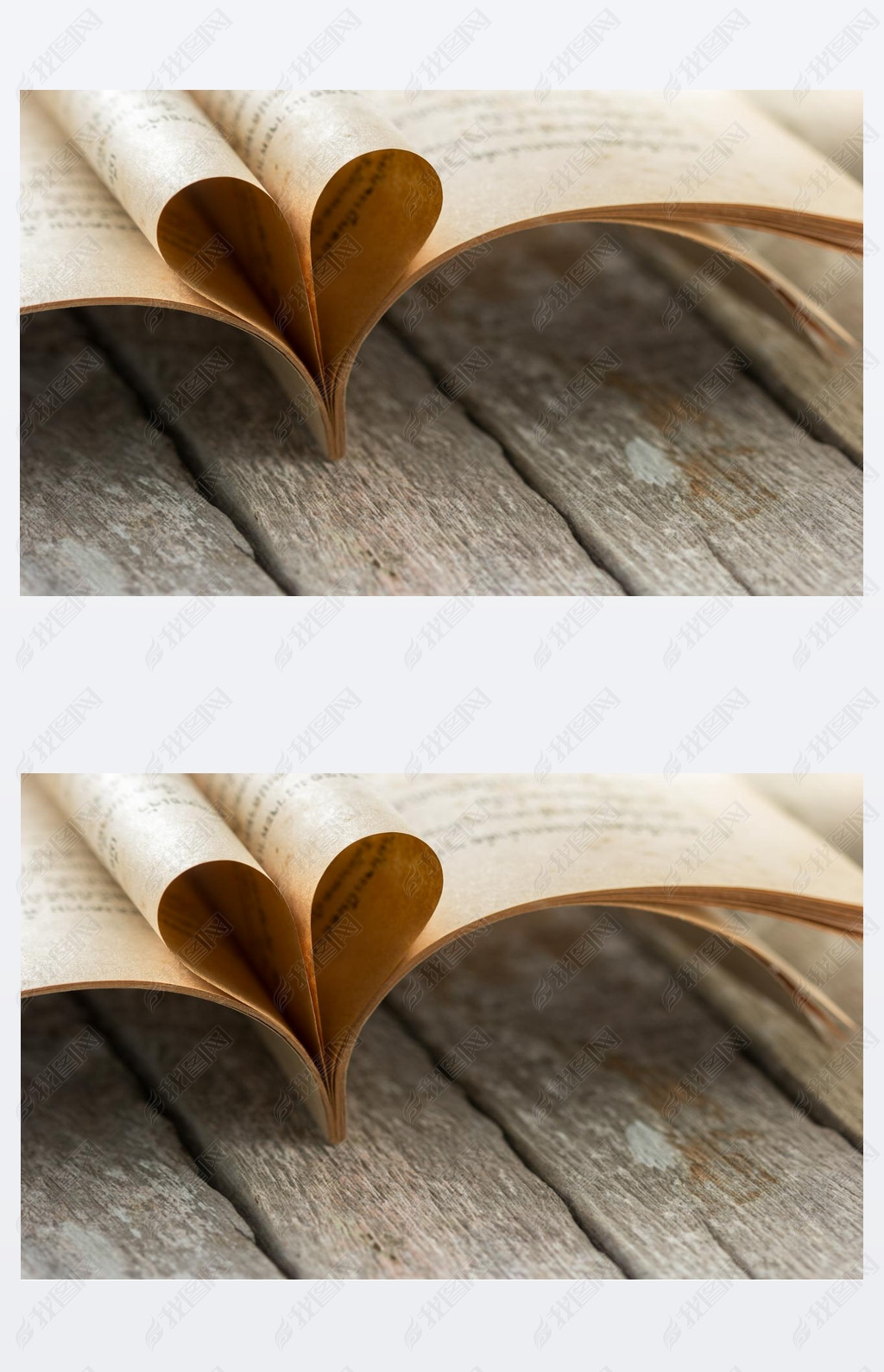 Heart shape from opened book pages on wooden background.