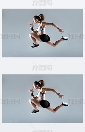 Fit and sporty young woman running on white background.