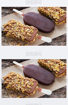 ice cream with chocolate and nuts on a paper on the wooden background closeup