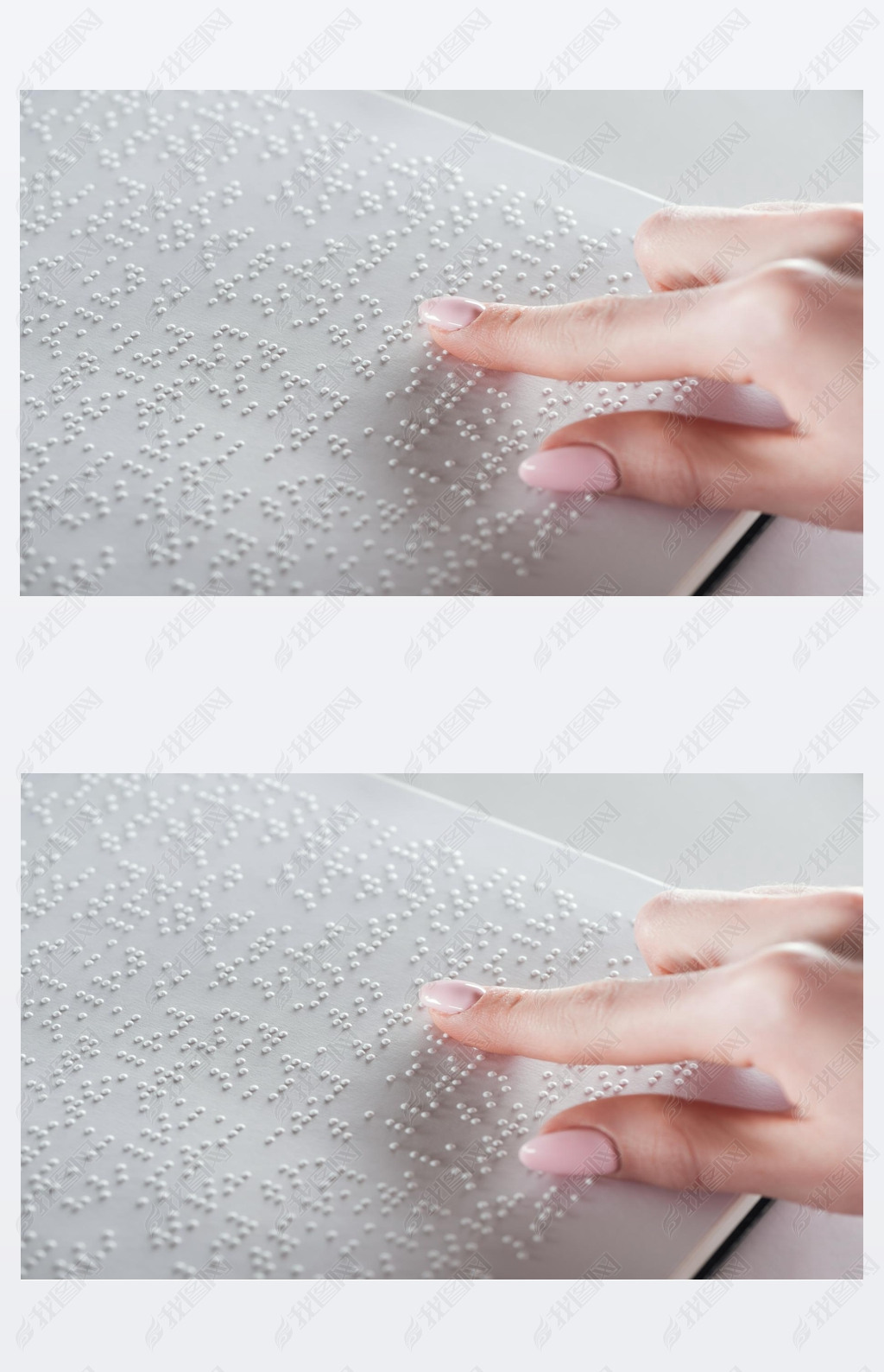 partial view of young woman reading braille text on white paper