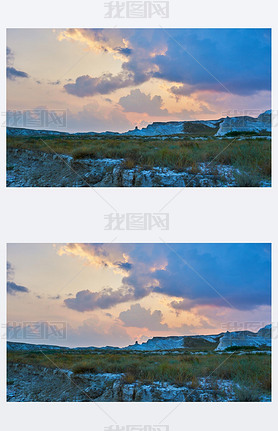 Desert landscape of Gobi Desert, China with a sunset, stones, bushes and the sky. Trel and adventu