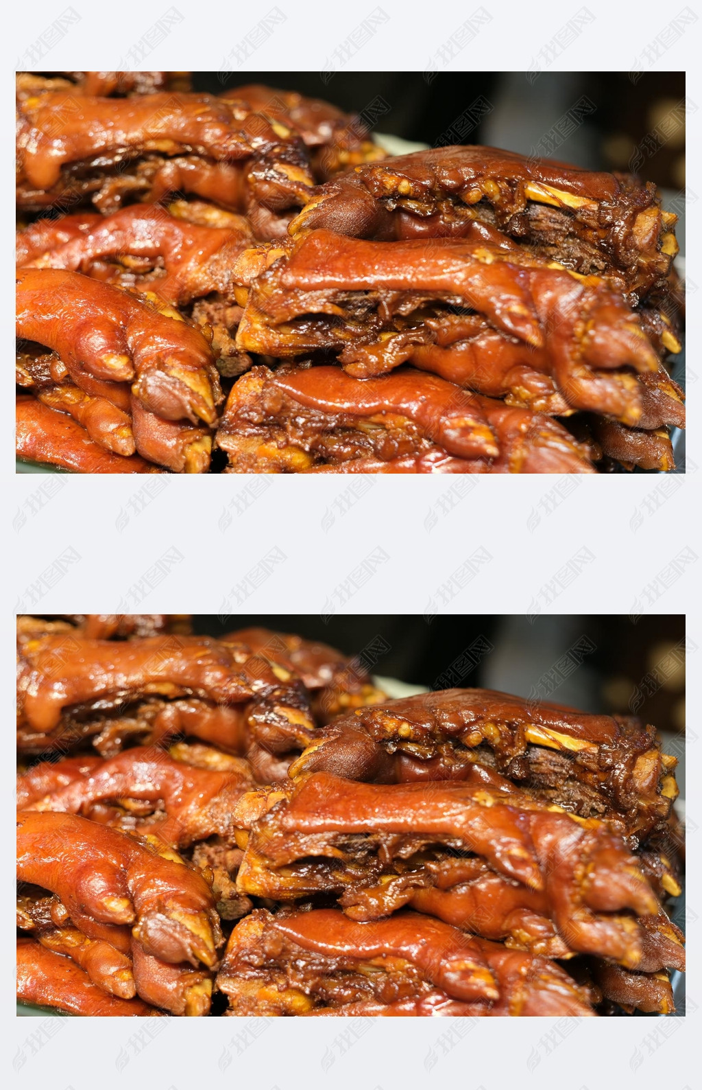 close up stack of pot-stewed pig's trotters. traditional Chinese food