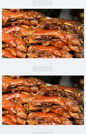 close up stack of pot-stewed pig's trotters. traditional Chinese food