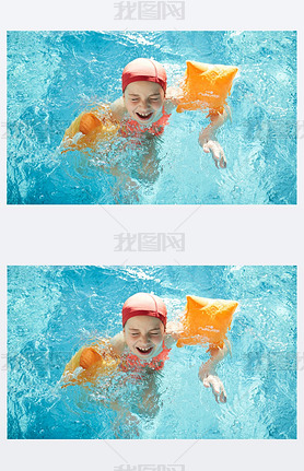 Funny girl in swimwear and special resistance pillows enjoying swimming at leisure