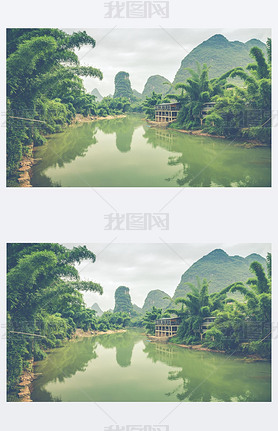 Scenic landscape at Yangshuo County of Guilin, China. View of beautiful karst mountains and the Li R