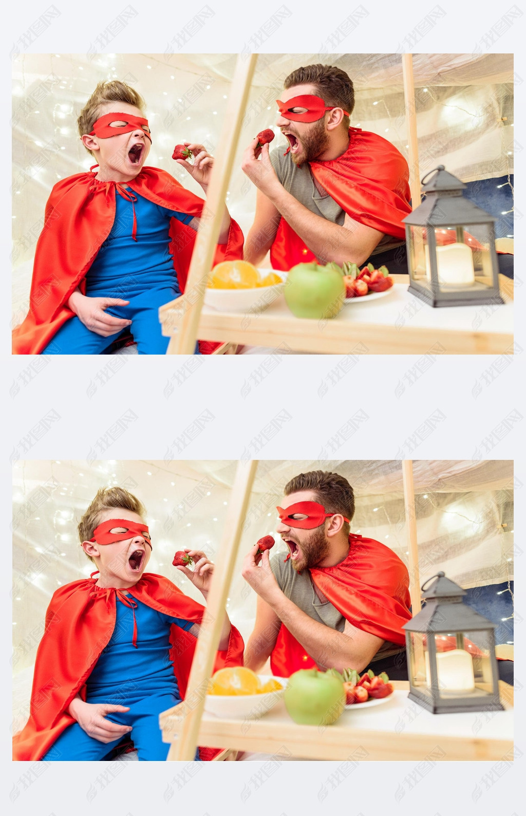 Father and son in superhero costumes 