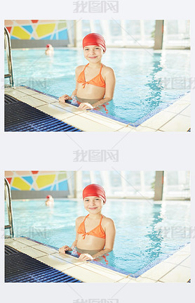 Attractive girl in swimwear standing in water by edge of swimming-pool and looking at camera